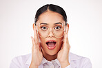 Shock, glasses and portrait of businesswoman in a studio with wow, omg or wtf facial expression. Surprise, optometry and headshot of professional female model with spectacles by a white background.