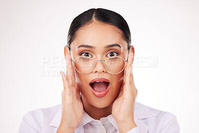 Buy stock photo Shock, glasses and portrait of businesswoman in a studio with wow, omg or wtf facial expression. Surprise, optometry and headshot of professional female model with spectacles by a white background.