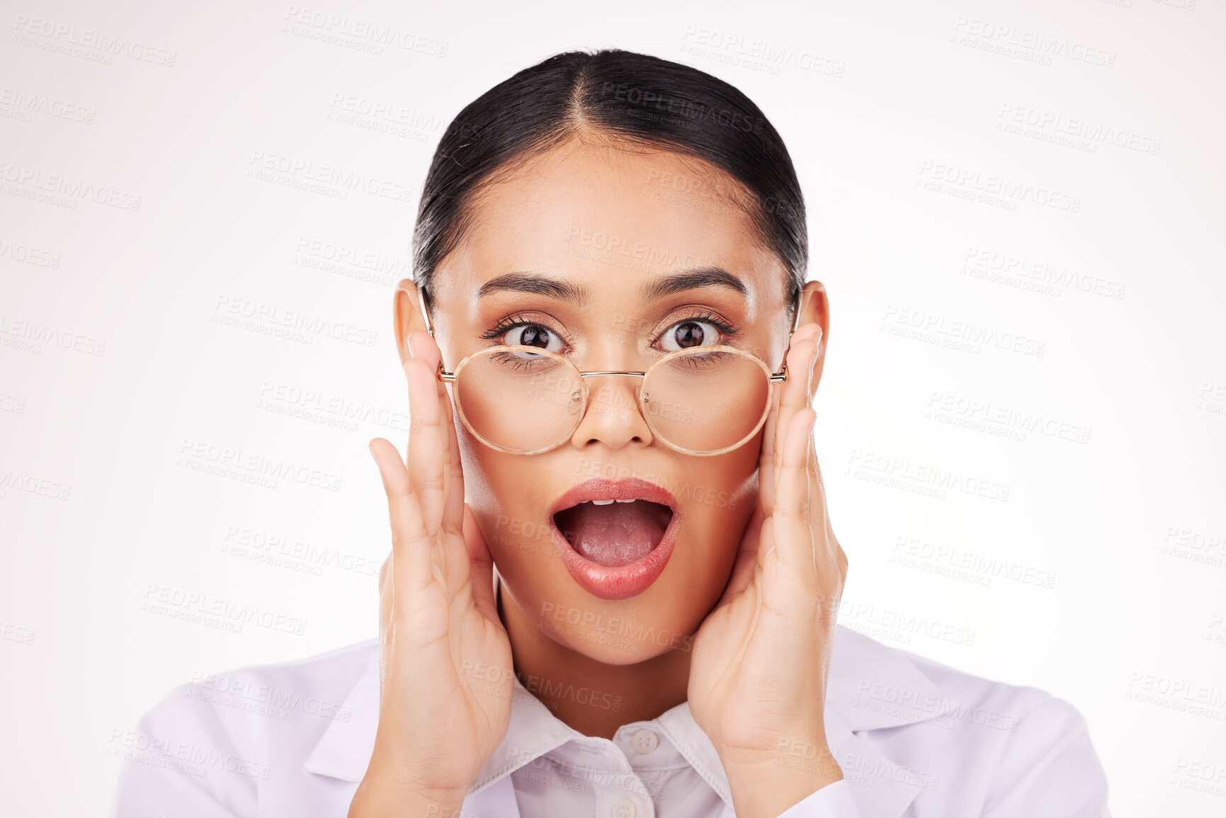 Buy stock photo Shock, glasses and portrait of businesswoman in a studio with wow, omg or wtf facial expression. Surprise, optometry and headshot of professional female model with spectacles by a white background.