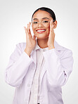 Glasses portrait, woman and vision of optometrist in studio isolated on a white background. Face smile, ophthalmologist and lens of happy medical professional optician in frame for health in eye care