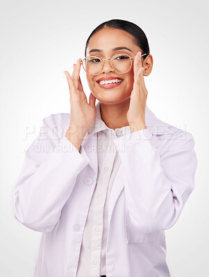 Buy stock photo Glasses portrait, woman and vision of optometrist in studio isolated on a white background. Face smile, ophthalmologist and lens of happy medical professional optician in frame for health in eye care