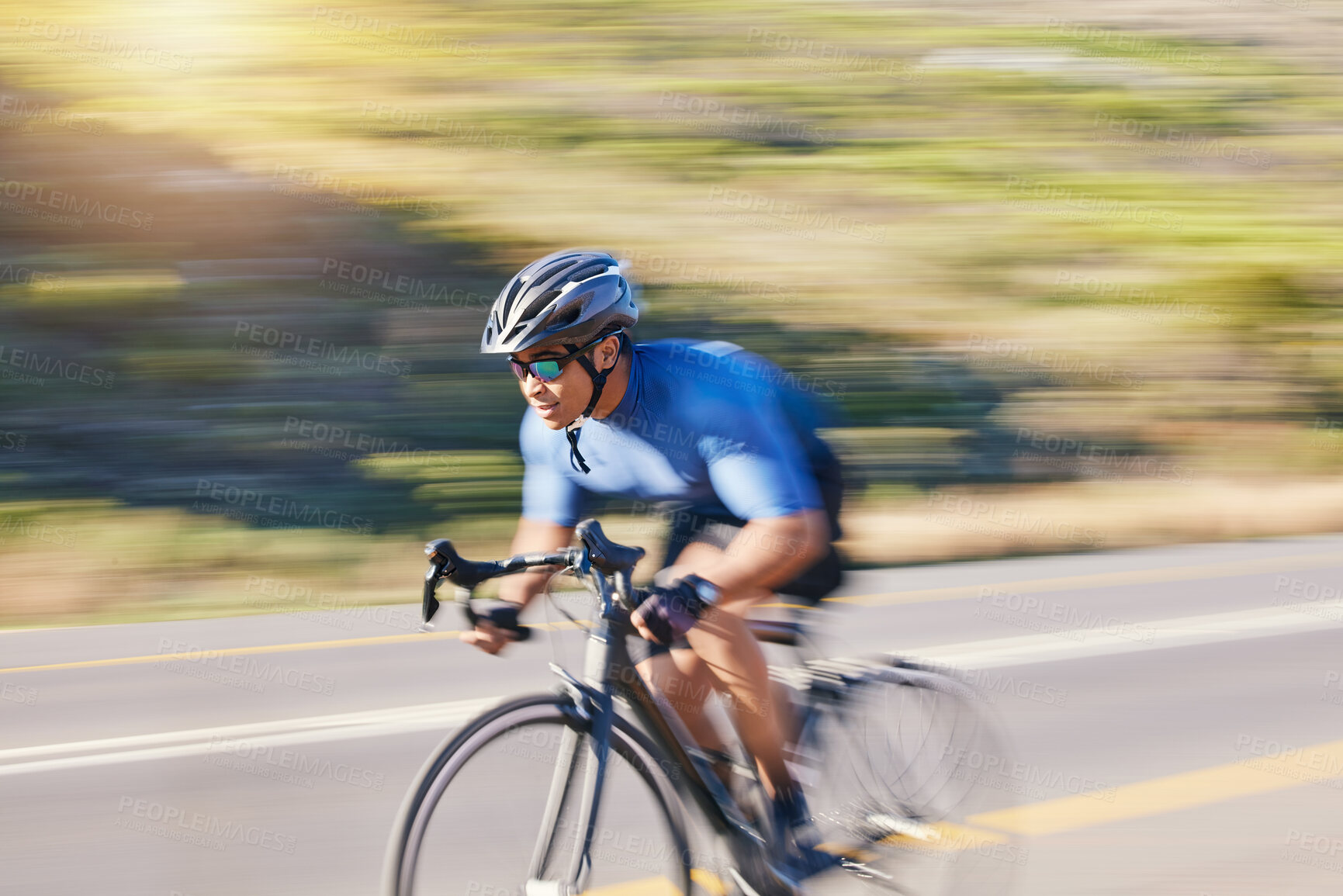 Buy stock photo Motion blur, fitness and cyclist on bike on road in mountain with helmet, exercise adventure trail and speed. Cycling race, nature and man with bicycle for fast workout, training motivation or energy