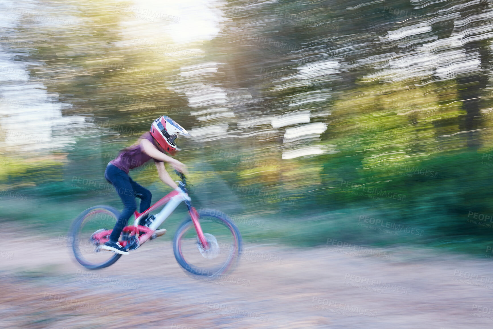 Buy stock photo Blurred speed, sports and man cyclist on bicycle for race, competition or marathon training. Fitness, fast and  athlete cycling on bike for workout, exercise or practice on a mountain road in nature.