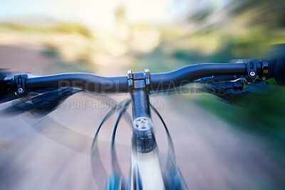 Buy stock photo Fast, blur and a bicycle in nature for cycling, fitness or training for a marathon. Speed, road and a bike in motion for sports, triathlon or exrcise in the countryside while moving for cardio