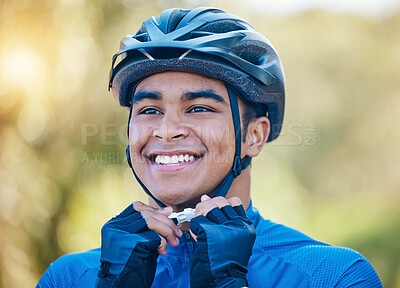 Buy stock photo Exercise, cycling helmet and man outdoor for sports, workout or training with happy smile. Face of young athlete or cyclist with safety, wellness and fitness at park or thinking to start performance 