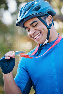 Buy stock photo Winner, medal or happy man cyclist in celebration of victory performance or success in tournament race. Excited, gold award or proud sports athlete winning a cycling competition with smile or reward