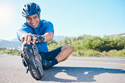 Buy stock photo Happy man, cyclist and stretching on road in fitness, outdoor workout or cardio exercise in nature. Active male person or biker smile in happiness for body warm up or getting ready for cycling tour