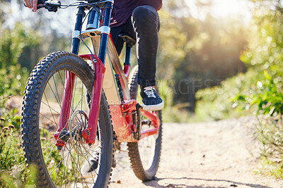 Buy stock photo Nature, cycling and feet with a bicycle for travel, fitness or training on the mountain. Closeup, morning and legs of a person with a bike on a path for a triathlon, exercise or sports adventure