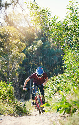Buy stock photo Forest, race and man cycling in training for a race competition on biking path, trail or nature. Action, sports or fast cyclist athlete riding bicycle at speed for cardio exercise, fitness or workout