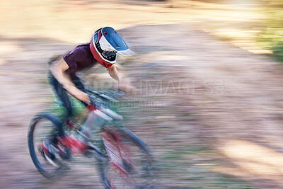 Buy stock photo Blurry motion, fitness and man cyclist on bicycle for race, competition or marathon training. Sports, fast and man athlete cycling on a bike for speed practice challenge on a mountain hill in nature.