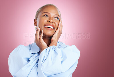 Buy stock photo Thinking, mockup or black woman smile, beauty or ideas in studio isolated on purple background. Facial treatment, dermatology or happy natural African model with glow, lipstick or make up cosmetics