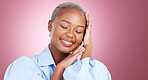 Self love, smile and hands on face of black woman in studio with good mood, positivity and vibes on pink background. Happy, chilling and African female model confident, eyes closed or satisfaction