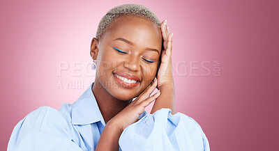 Buy stock photo Self love, smile and hands on face of black woman in studio with good mood, positivity and vibes on pink background. Happy, chilling and African female model confident, eyes closed or satisfaction