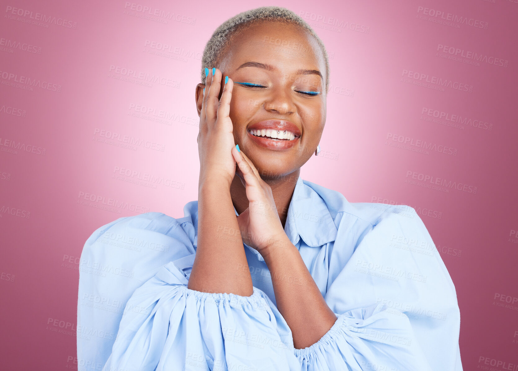 Buy stock photo Makeup, relax or happy black woman with beauty or smile in studio isolated on purple background. Face dermatology, wellness or natural African model with glow, skincare or cosmetology cosmetics 