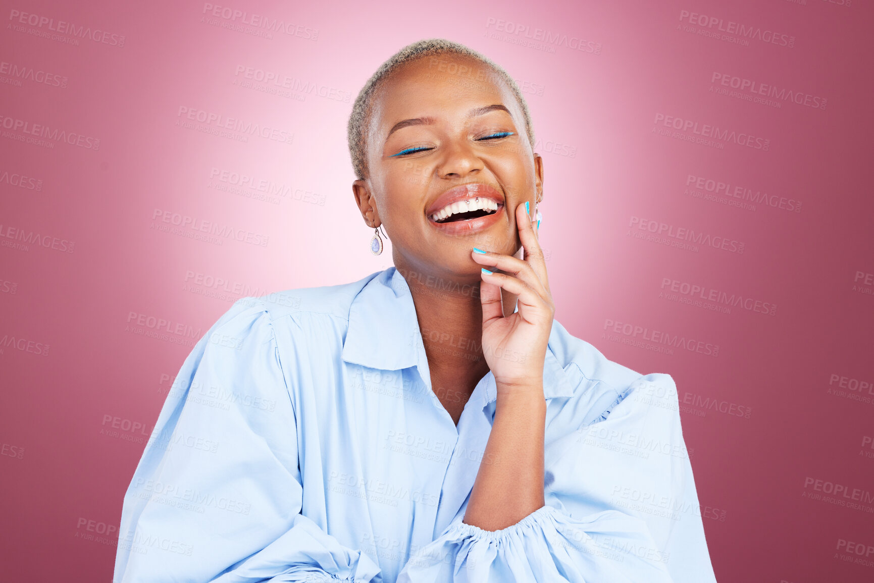 Buy stock photo Makeup, laugh or happy black woman with beauty or smile in studio isolated on purple background. Face dermatology, funny person or natural African model with glow, skincare cosmetics or wellness