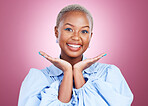 Makeup, portrait or happy black woman with beauty or smile in studio isolated on purple background. Face dermatology results, person or natural African model with glow, skincare cosmetics or wellness
