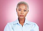 Serious, cosmetic and portrait of black woman in studio with beauty, creative and face routine. Makeup, headshot and African female model with cosmetology facial treatment isolated by pink background