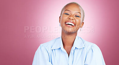 Buy stock photo Cosmetic, happy and portrait of black woman in a studio with makeup, glamour and face routine. Laugh, smile and young African female model with a cosmetology facial treatment by a pink background.