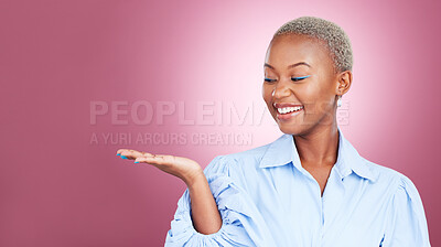 Buy stock photo Palm, hand and a woman in studio for advertising, marketing or announcement and launch. Happy face of an excited African person on a pink background for choice, presentation or promotion mockup space