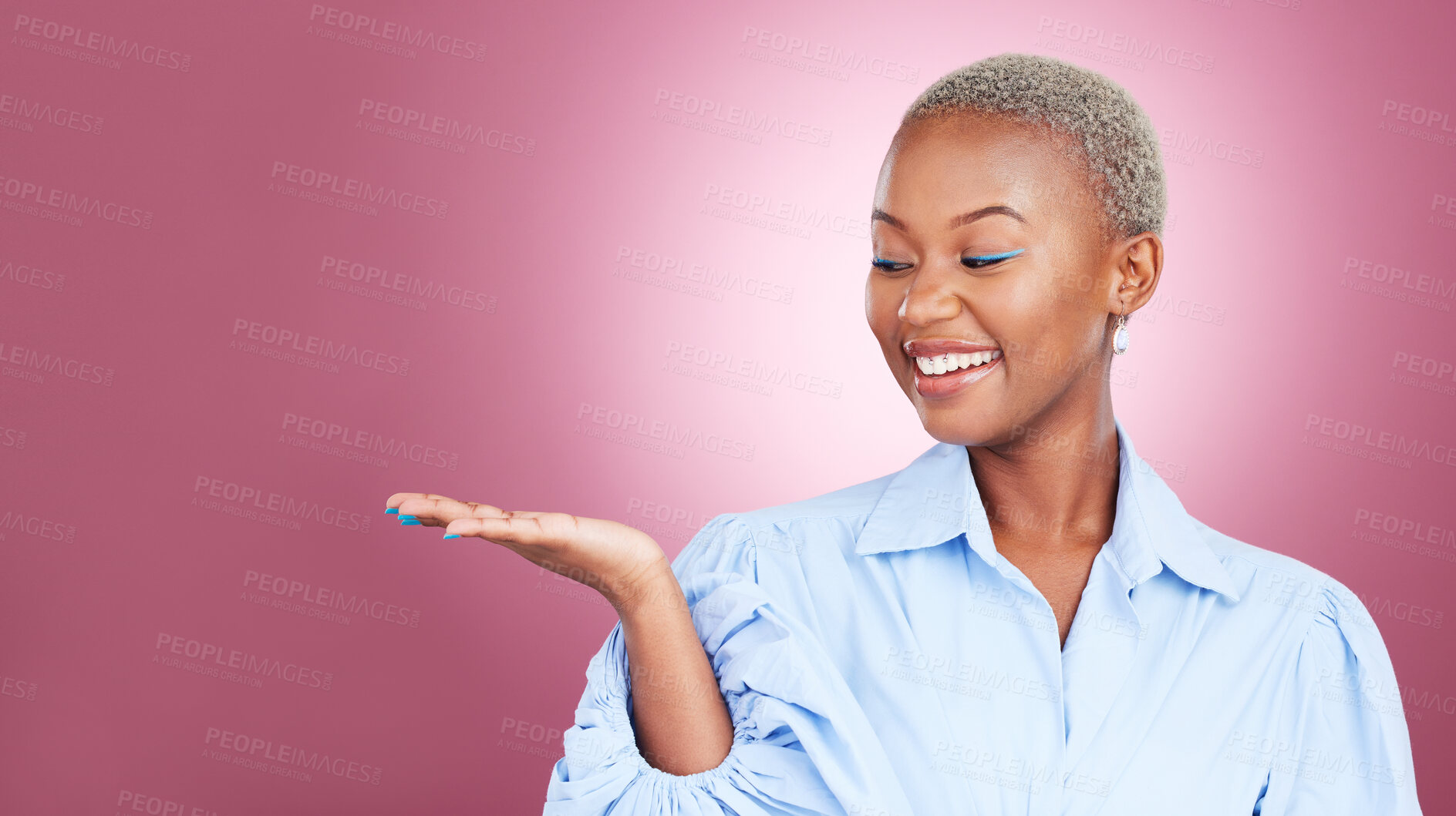 Buy stock photo Palm, hand and a woman in studio for advertising, marketing or announcement and launch. Happy face of an excited African person on a pink background for choice, presentation or promotion mockup space