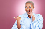 Secret, pointing and a woman in studio with hand for advertising, marketing or announcement. Happy face of an excited African person on a pink background for choice, gossip or news or mockup space