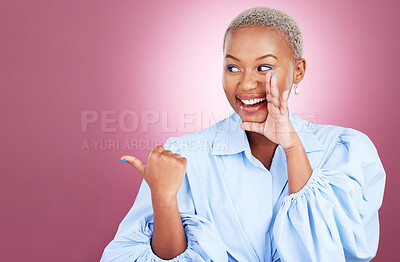 Buy stock photo Secret, pointing and a woman in studio with hand for advertising, marketing or announcement. Happy face of an excited African person on a pink background for choice, gossip or news or mockup space