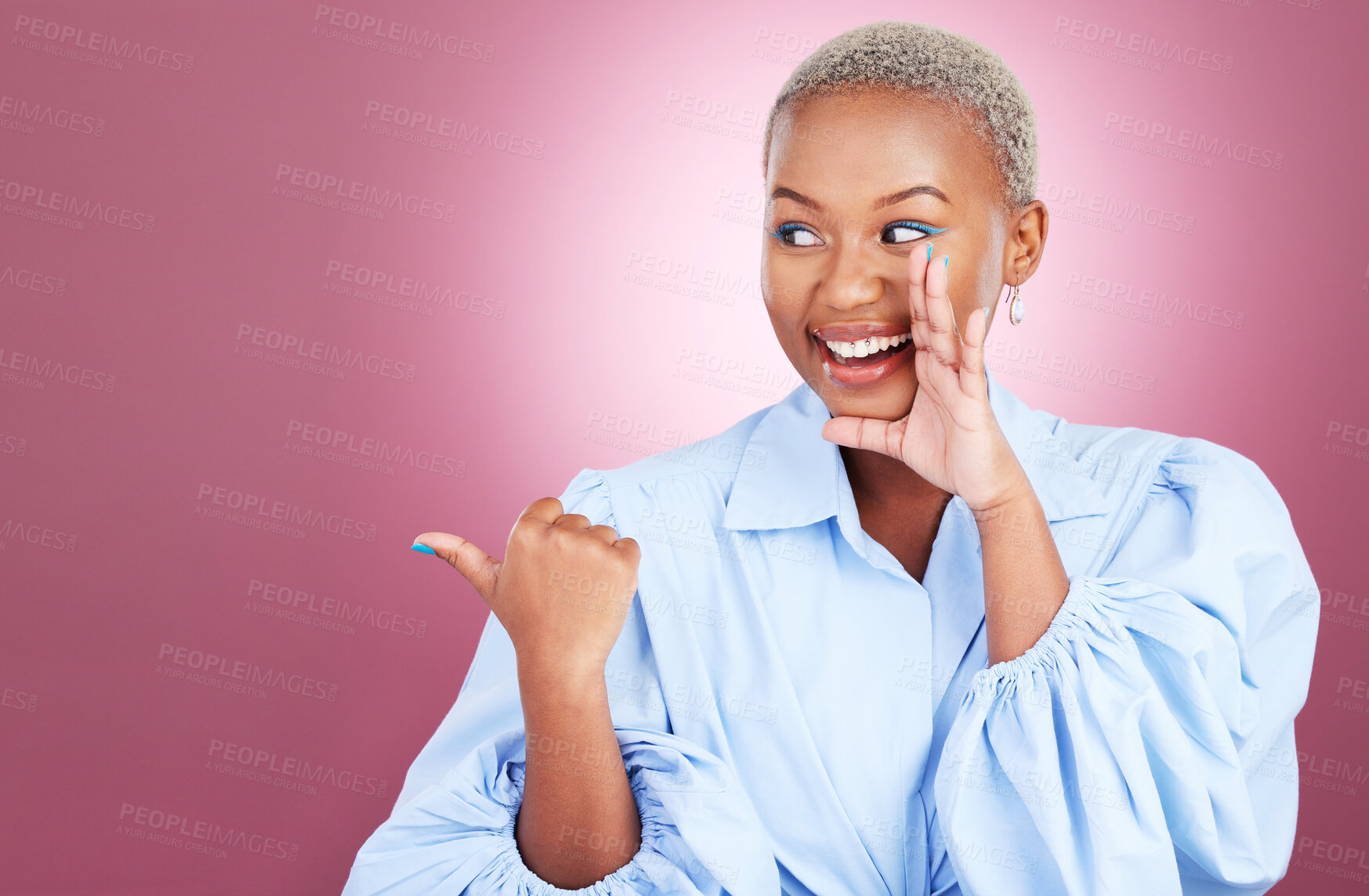 Buy stock photo Secret, pointing and a woman in studio with hand for advertising, marketing or announcement. Happy face of an excited African person on a pink background for choice, gossip or news or mockup space