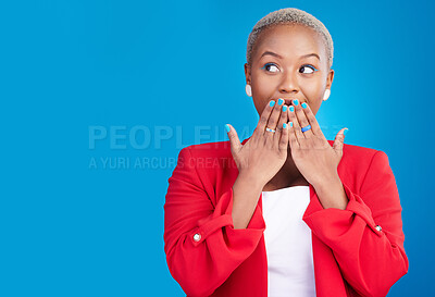 Buy stock photo Hands on mouth, surprise and woman in studio for wow advertising, marketing or announcement. Happy emoji of excited African person on a blue background for news, mockup space or fashion promotion