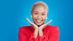 Smile, beauty and portrait of black woman in studio with an excited, confident or positive attitude. Makeup, happy and headshot of African female model with cosmetic face isolated by blue background.