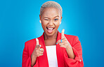Portrait, wink and finger guns with a black woman on a pink background in studio for choice or fun. Face, smile or comedy and an excited young model pointing with a hands emoji to vote as a winner