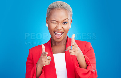 Buy stock photo Portrait, wink and finger guns with a black woman on a pink background in studio for choice or fun. Face, smile or comedy and an excited young model pointing with a hands emoji to vote as a winner