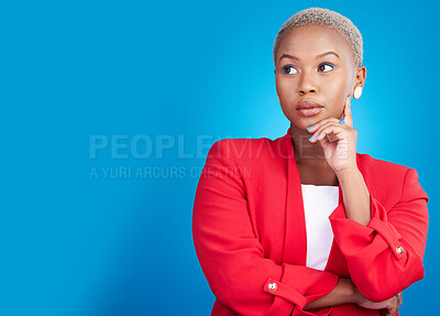 Buy stock photo Entrepreneur, thinking and black woman with a decision on studio, blue background or mockup with ideas for career. Startup, choice or person with question, doubt or professional mind for business