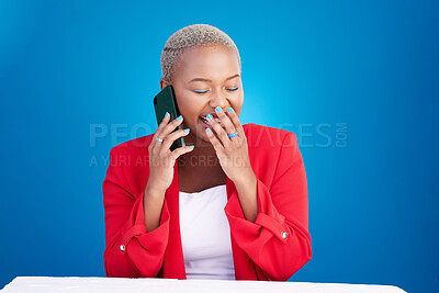 Buy stock photo Laughing, phone call and a woman in studio for communication, contact or conversation. Happy African person on a blue background with a smartphone for funny gossip chat, talking or networking