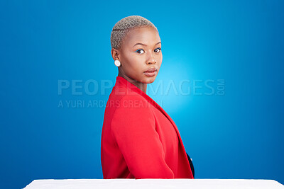 Buy stock photo Makeup, serious and portrait of black woman in studio with cosmetic, glamour and face routine. Confidence, headshot and young African female model with cosmetology facial treatment by blue background