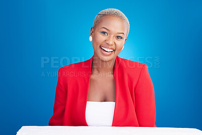 Buy stock photo African, entrepreneur and portrait of woman in studio on blue background with confidence of boss in Nigeria startup. Face, smile or happiness of business, employee or corporate entrepreneurship