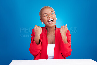 Buy stock photo Business, excited and black woman with celebration, achievement and success on a blue studio background. Person, model and entrepreneur with startup, winning and victory with a smile and happiness