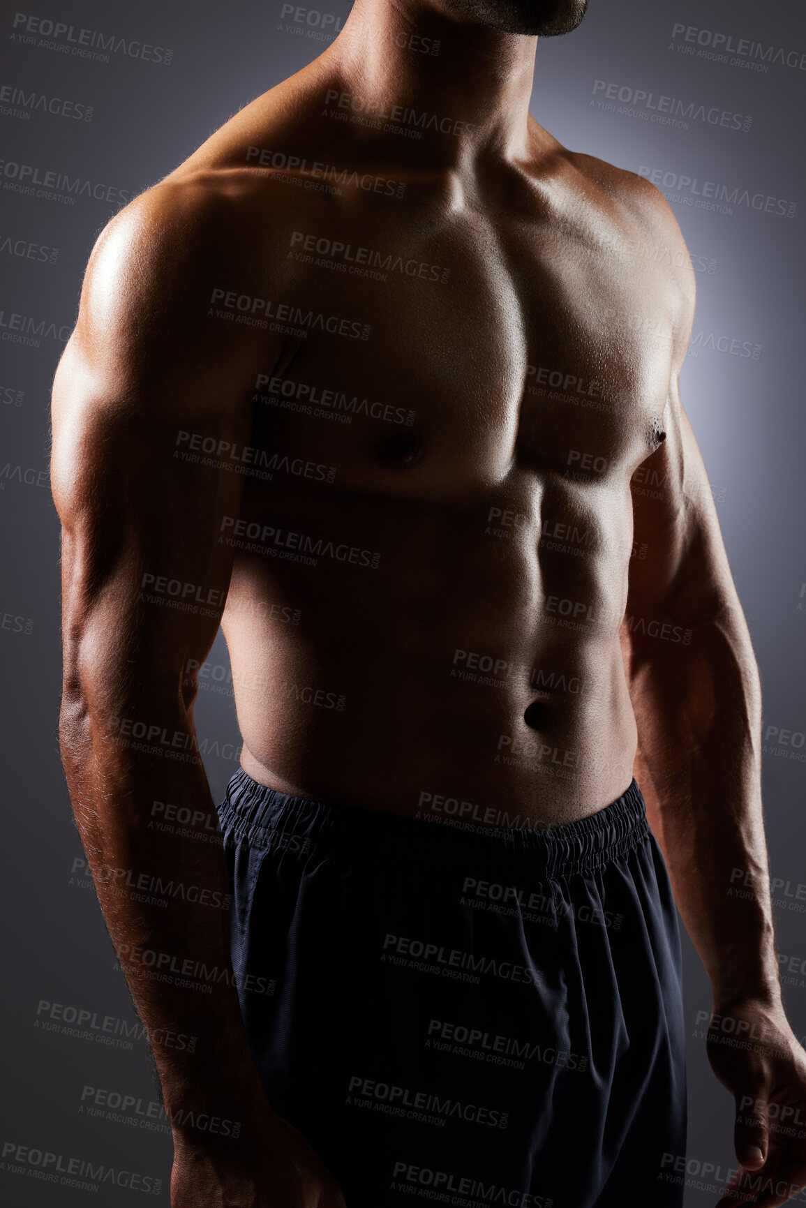 Buy stock photo Muscle, strong abs and studio person with fitness challenge results, chest workout development and body training progress. Dark shadow, exercise light and active sports athlete on grey background