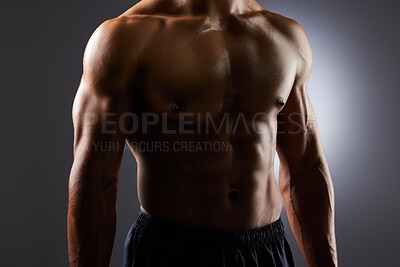 Buy stock photo Topless, muscle and torso of man in dark background for fitness inspiration, beauty aesthetic or strong body. Shadow aesthetic, male sports model or muscular body builder in studio with art lighting.