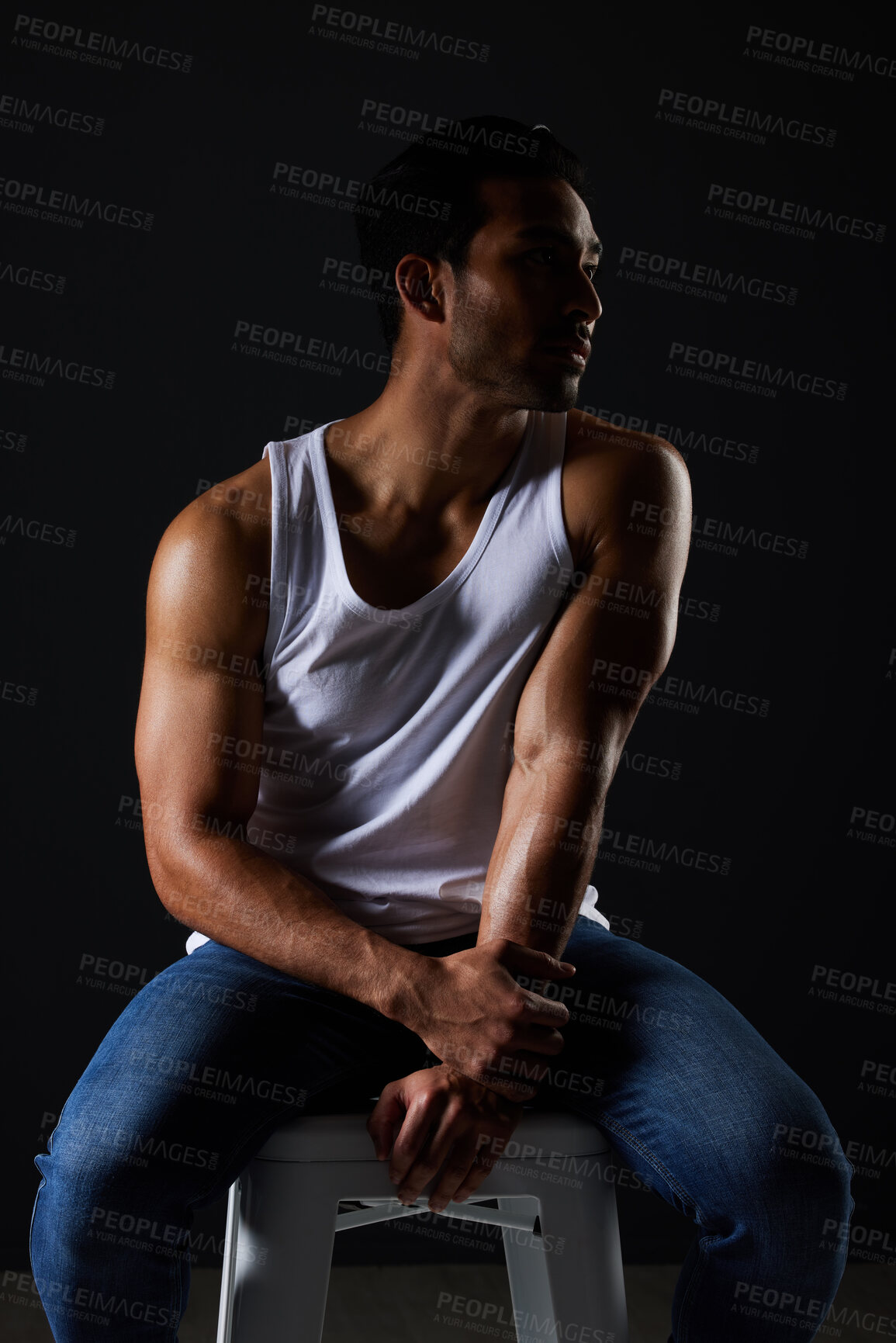 Buy stock photo Body, muscle and sexy man on chair in studio with fitness inspiration, aesthetic and sensual fashion. Art, wellness and performance, muscular male model on black background thinking in dark lighting.