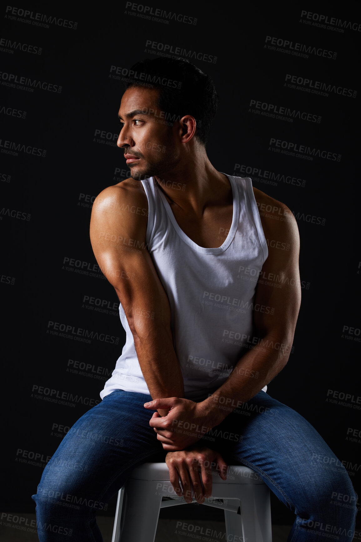 Buy stock photo Thinking, muscle and sexy man on chair in studio with fitness inspiration, beauty aesthetic and sensual fashion. Erotic art, sexual body and male model sitting on black background with dark lighting.