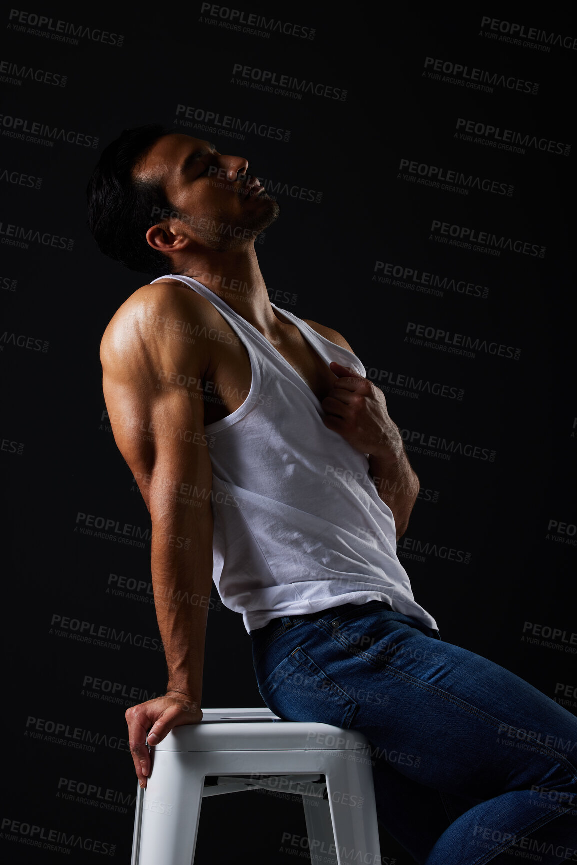 Buy stock photo Sexy, muscle and man on chair on black background with fitness inspiration, beauty aesthetic and sensual fashion. Erotic art, sexual body and male model sitting in studio, thinking in dark lighting.