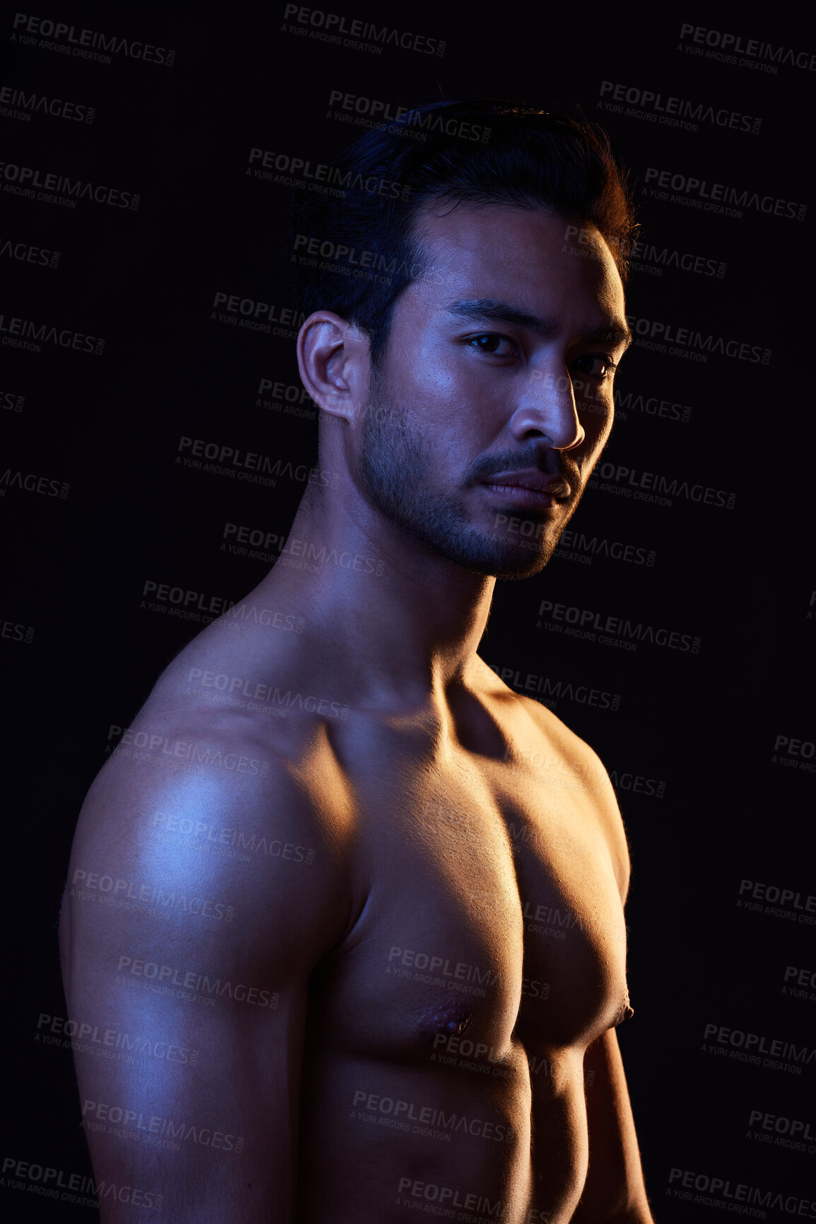 Buy stock photo Shirtless, portrait and sexy man on black background in fitness inspiration, beauty aesthetic or sensual fantasy. Erotic art, sexual body or seductive male model with muscle, studio and neon lighting