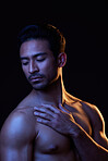 Topless, dark portrait and sexy man in studio in fitness inspiration, beauty aesthetic or sensual fantasy. Erotic, sexual body and seductive male model with muscle, black background and neon lighting
