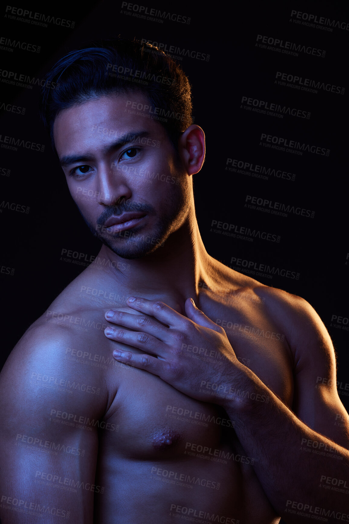 Buy stock photo Sexy, dark portrait and man on black background in fitness inspiration, beauty aesthetic or sensual fantasy. Erotic, sexual body and topless seductive male model with muscle, studio and neon lighting