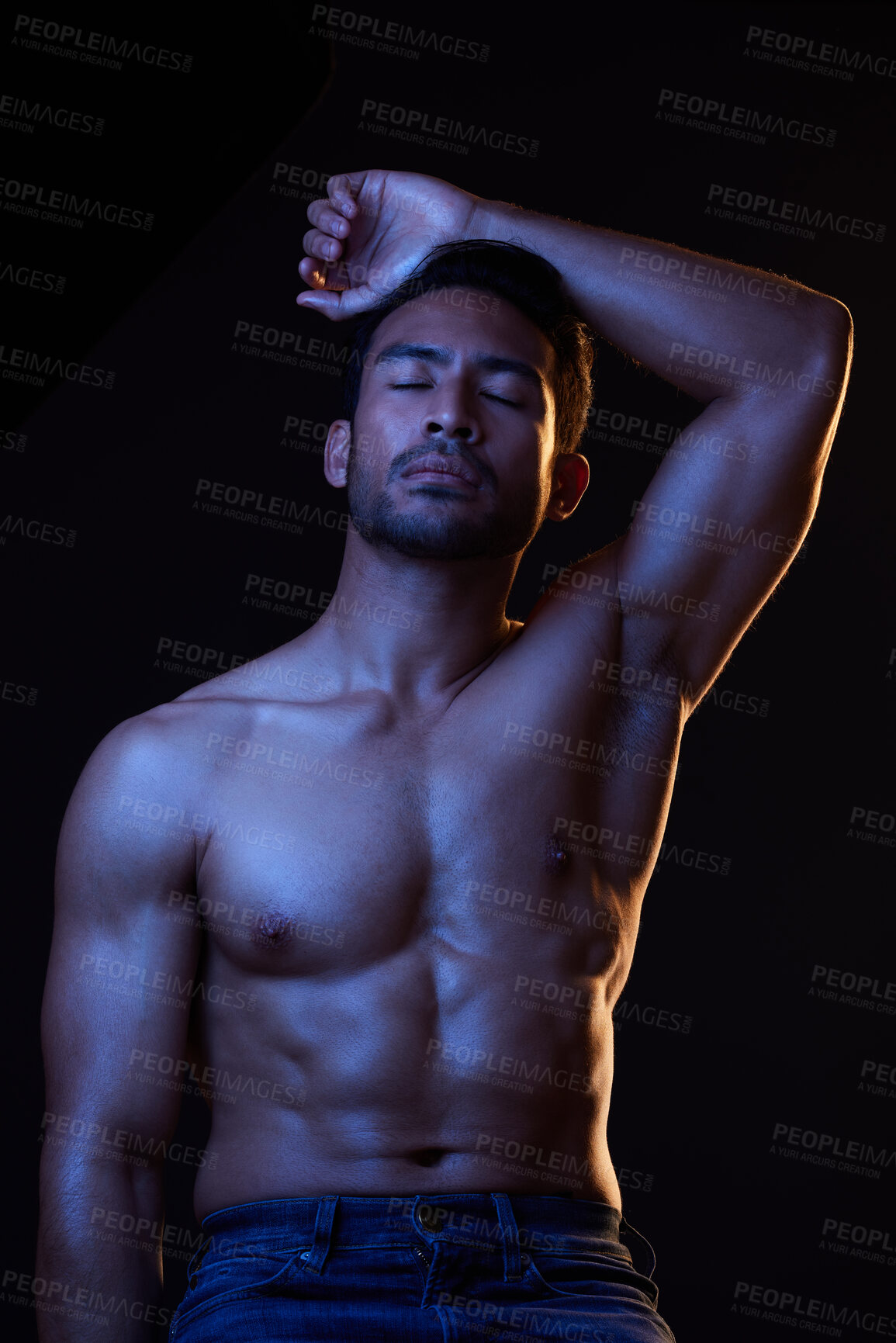 Buy stock photo Bodybuilder man, abdomen and shadow in studio with wellness, healthy body and black background. Young guy, fitness and silhouette in dark, stomach muscle and strong with ideas, health and shirtless