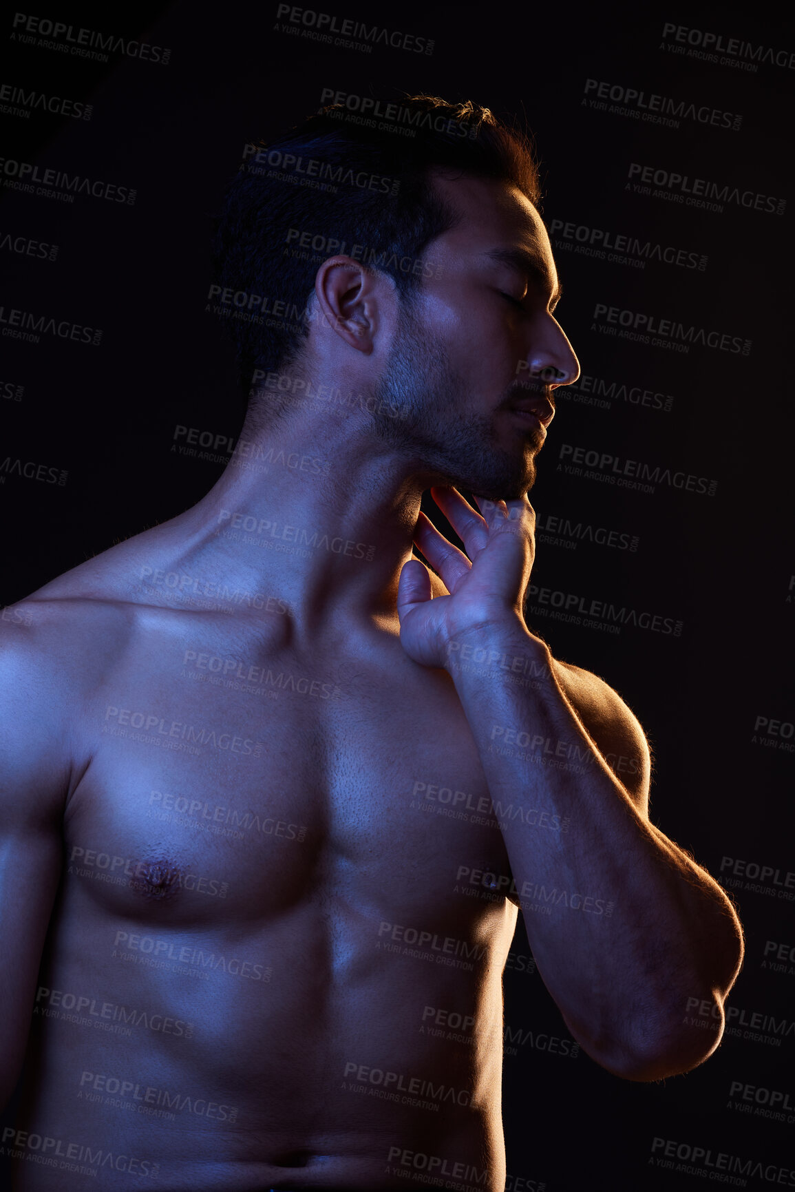 Buy stock photo Sexy, topless and sensual man on black background in fitness inspiration, beauty aesthetic or fantasy. Erotic art, sexual body or seductive male model with muscle motivation, studio and dark lighting