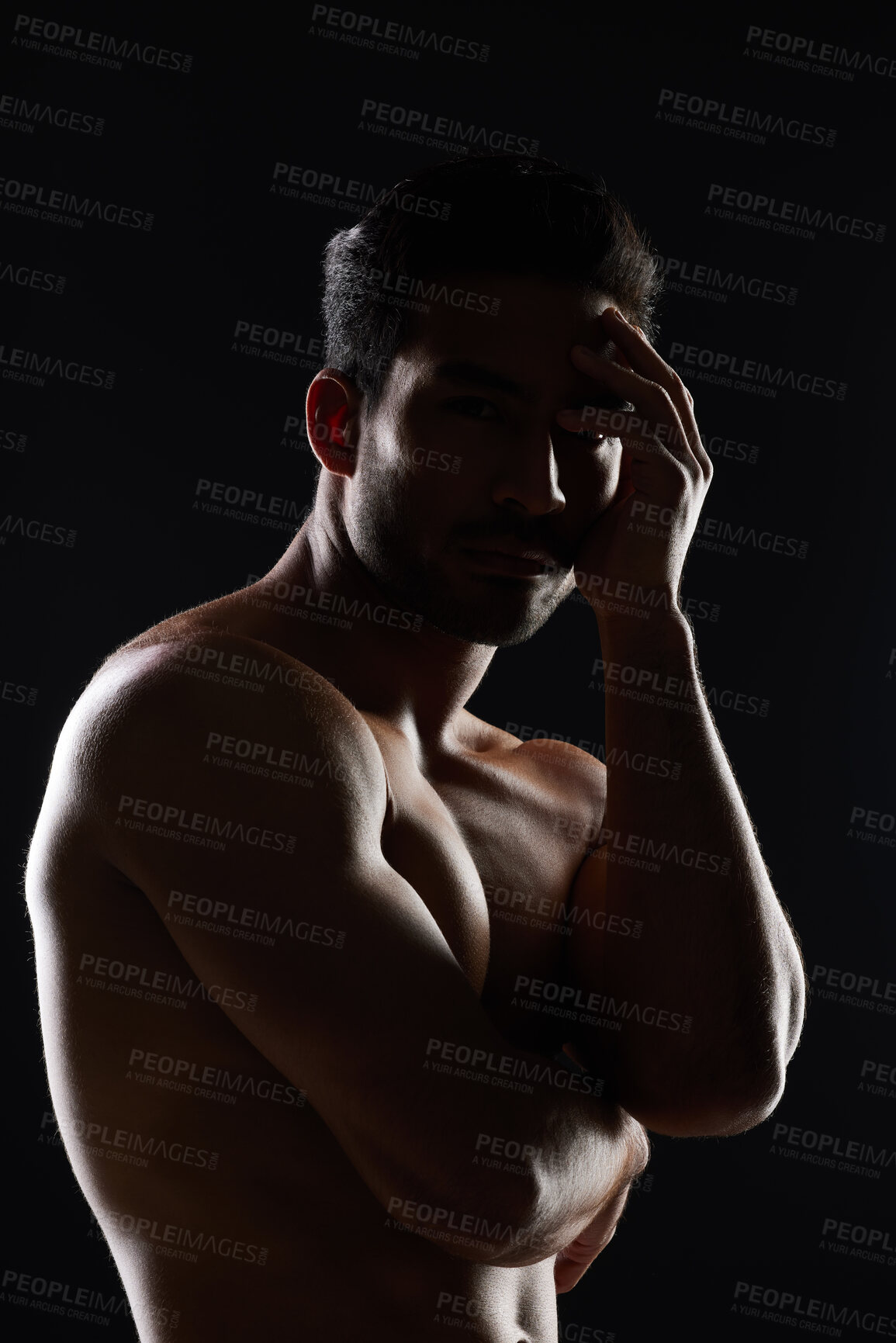 Buy stock photo Portrait, body and muscle of man in studio isolated on black background. Face, strong and serious athlete, bodybuilder and person workout, exercise or training in sports for health, power or fitness