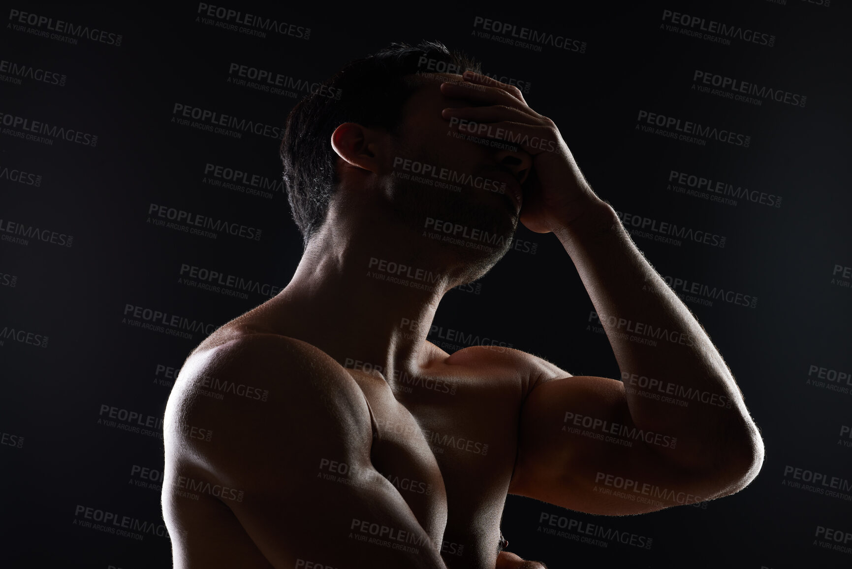 Buy stock photo Art, mental health and body with a man on a black background in studio for awareness of masculine depression. Beauty, creative and dramatic with a young model in the dark for a mistake or fail