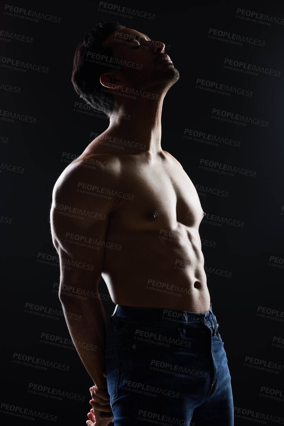 Buy stock photo Bodybuilder man, shirtless and studio profile with wellness, healthy body and black background. Young guy, fitness and silhouette in dark, thinking and strong with ideas, health and topless for art