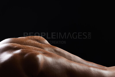 Buy stock photo Back, sweat and athlete or skin of man in workout, exercise or body builder with strong, muscle in pushup for health. Dark, background and texture or anatomy of person with fitness from training